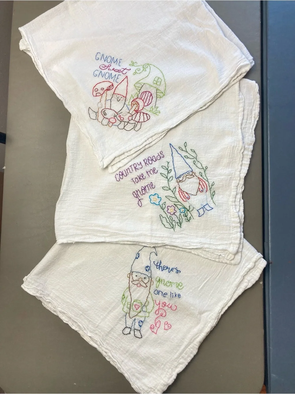 Hand-Embroidered Whimsical Gnome Flour Sack Kitchen Dish Towels - Set of 3